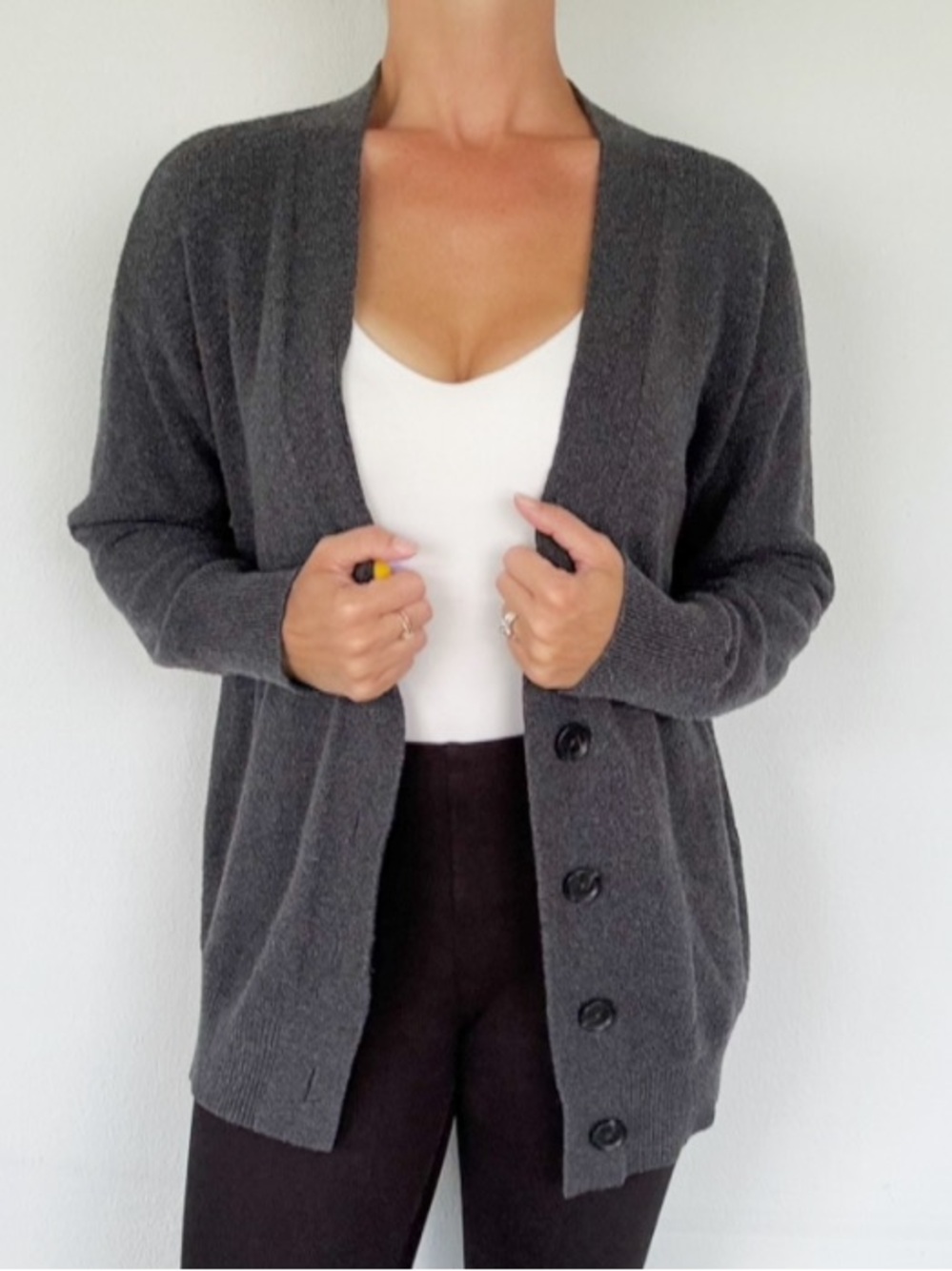 LOFT dark gray cotton blend v-neck longline button up cardigan sweater large